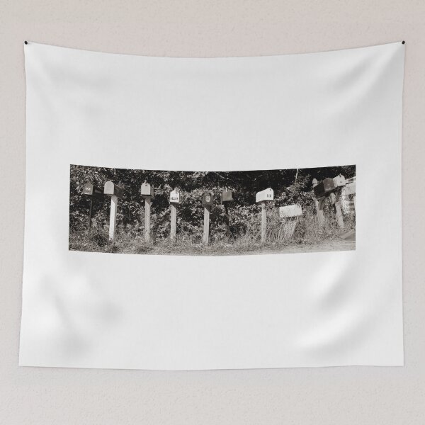 Item preview, Line-up of diverse range of letterboxes in rural America in monochrome.  imagine this image on a t-shirt or as a fine art canvas or framed print on your wall designed and sold by Brian Scantlebury.