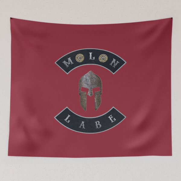 Item preview, Molon Labe in Rockers with Spartan Helmet Independence Red Background designed and sold by MadBadDangerous.
