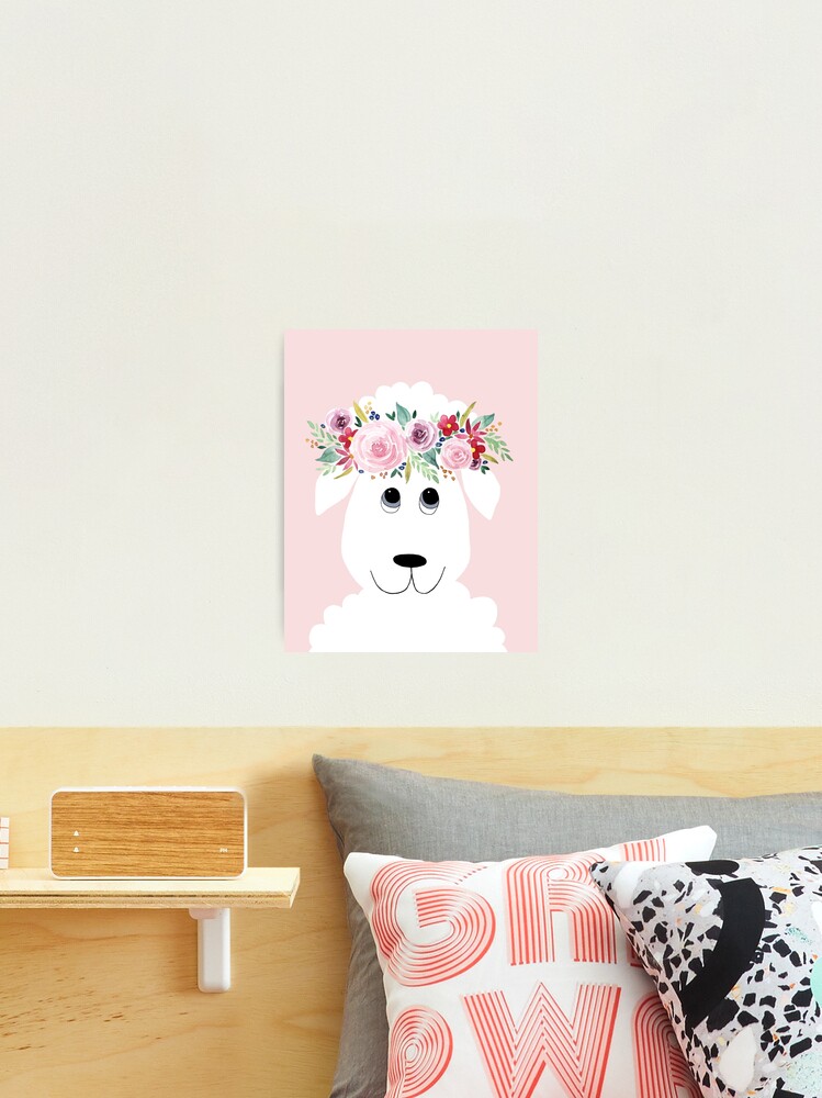 Thumbnail 1 of 3, Photographic Print, Cute Sheep Cartoon with Girly Watercolor Flower Wreath designed and sold by aimeegray.