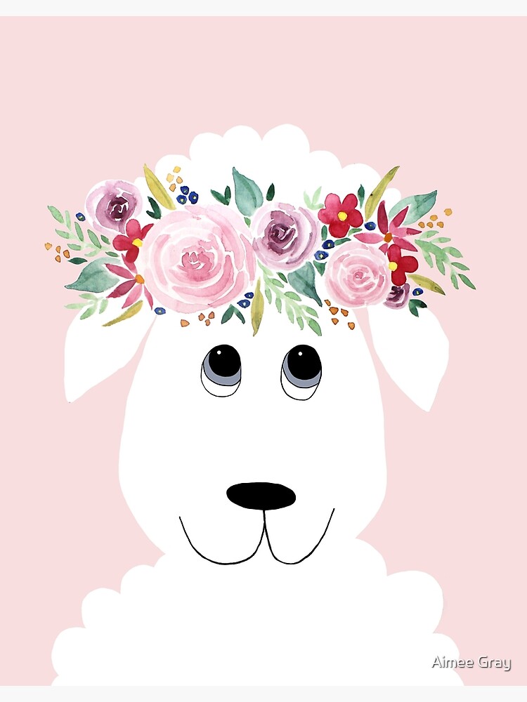 Thumbnail 3 of 3, Photographic Print, Cute Sheep Cartoon with Girly Watercolor Flower Wreath designed and sold by aimeegray.