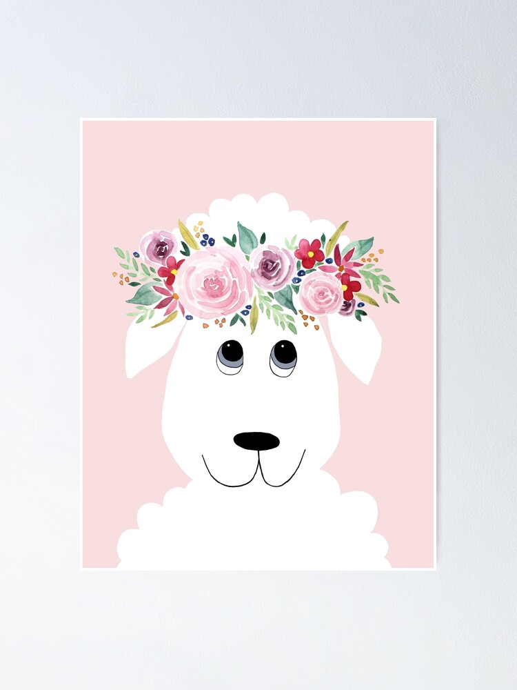 Thumbnail 1 of 3, Poster, Cute Sheep Cartoon with Girly Watercolor Flower Wreath designed and sold by aimeegray.