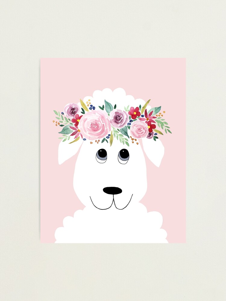 Thumbnail 2 of 3, Photographic Print, Cute Sheep Cartoon with Girly Watercolor Flower Wreath designed and sold by aimeegray.
