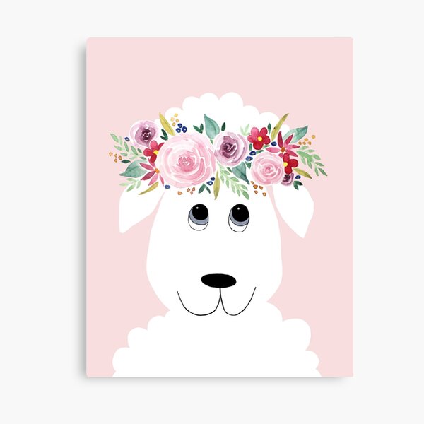 Cute Sheep Cartoon with Girly Watercolor Flower Wreath Canvas Print