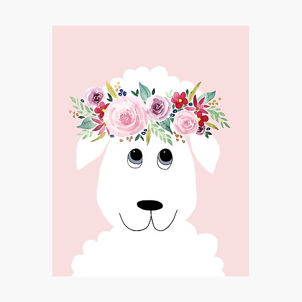 Cute Sheep Cartoon with Girly Watercolor Flower Wreath Photographic Print