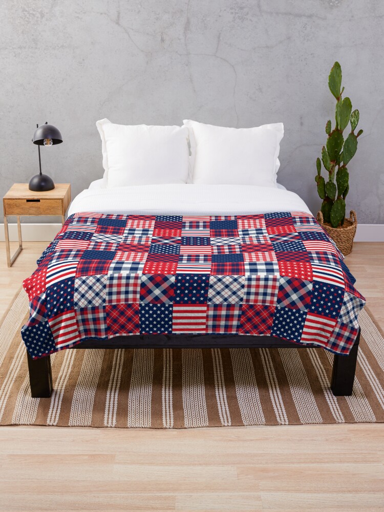 Americana Stars and Stripes Plaid Cheater Quilt Throw Blanket