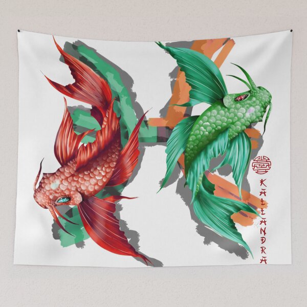 Item preview, Colored China painting - Indian ink painting - with Koi carp red green dragon fish designed and sold by Kallandra.