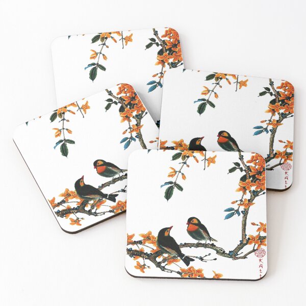 Item preview,  branch with yellow flowers. Ink painting as art print - branch with little birds. designed and sold by Kallandra.