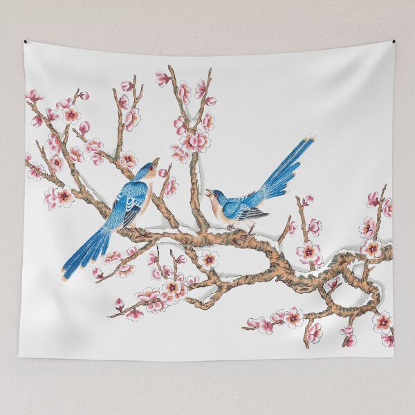 Item preview, Chinese ink painting - pink flowers branch with blue birds designed and sold by Kallandra.