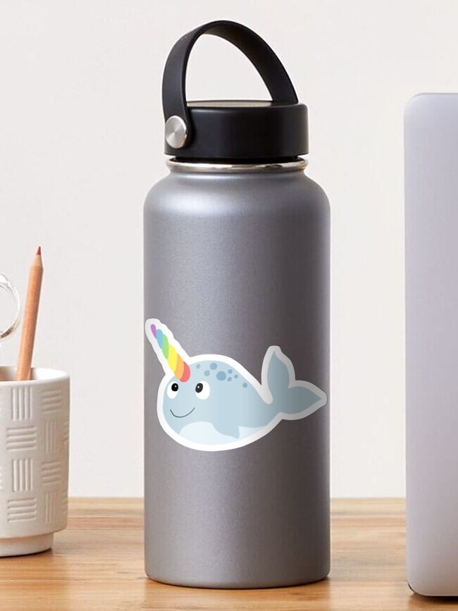 Thumbnail 1 of 3, Sticker, Modern Rainbow Narwhal Cartoon with Ocean Turquoise Pattern designed and sold by aimeegray.