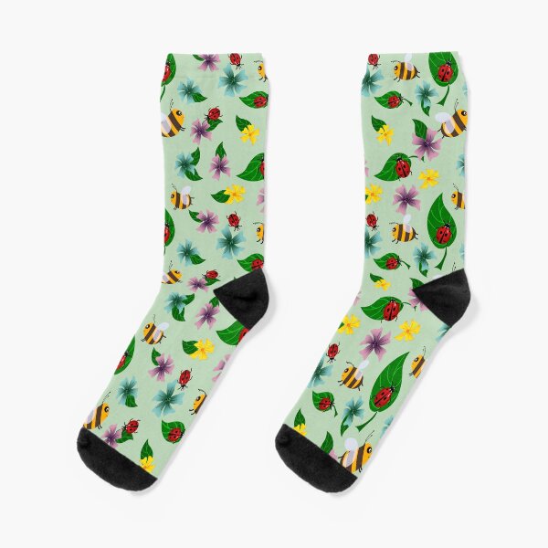 Bees and ladybugs. Summer pattern. Socks