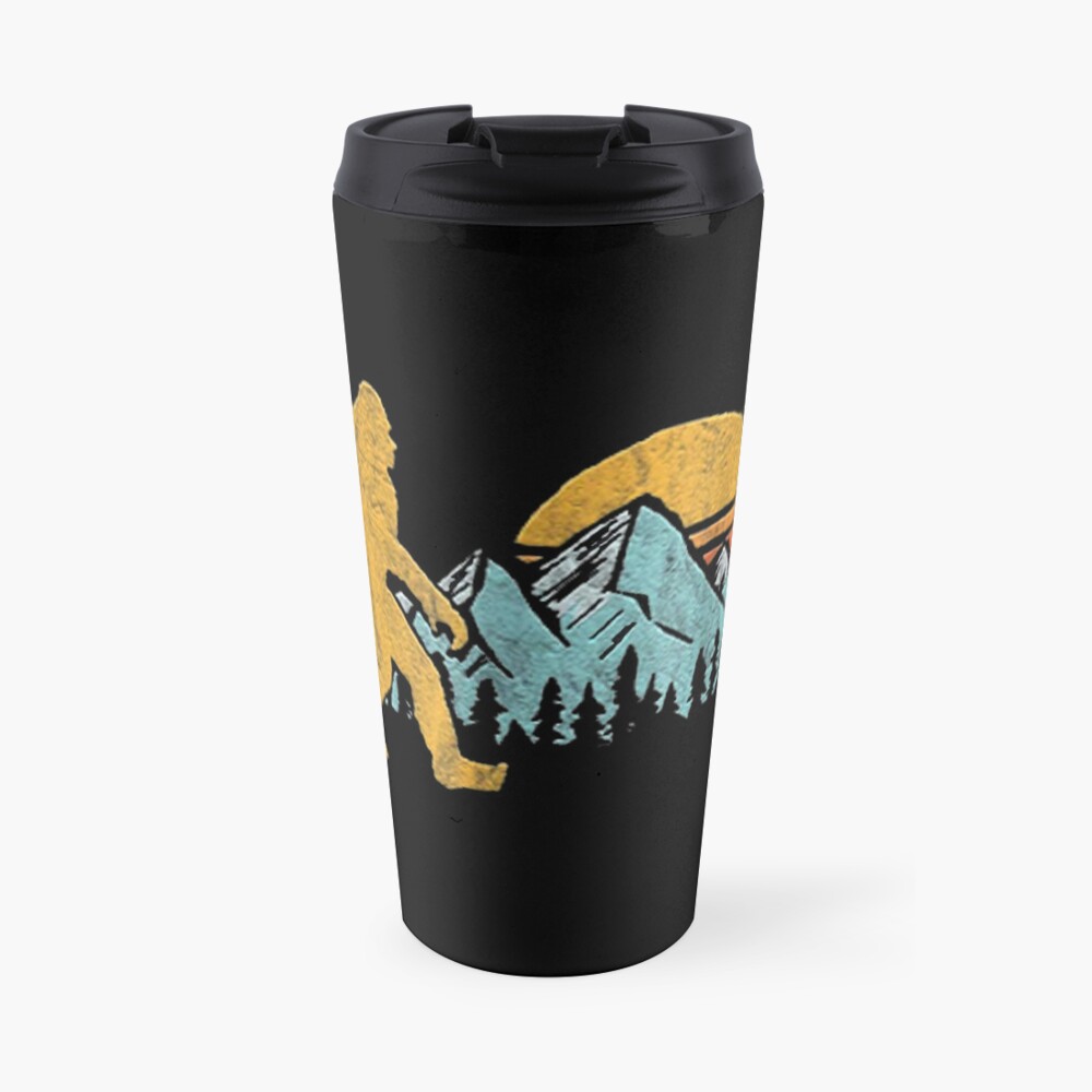 Vintage Retro Bigfoot Believe Silhouette Mountain Sun Travel Mug