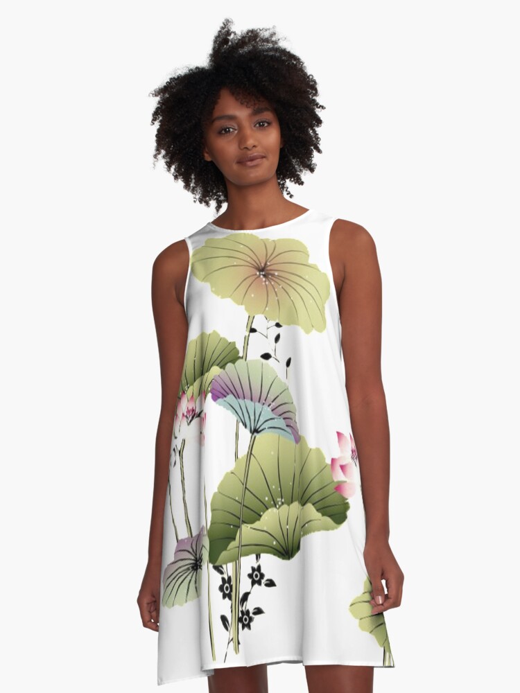 Chinese Art Print - Lotus Stems Water Lilies Butterflies | A-Line Dress