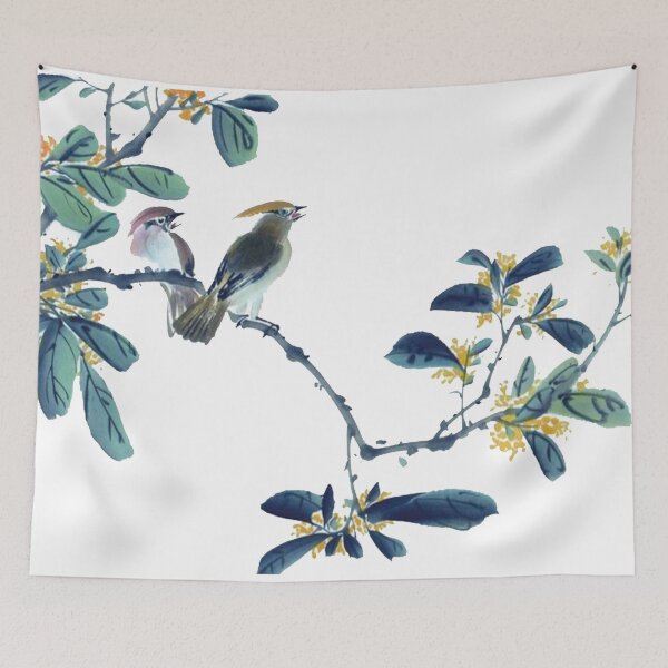 Item preview, Chinese ink painting - yellow flowers blossom branch with birds blue designed and sold by Kallandra.