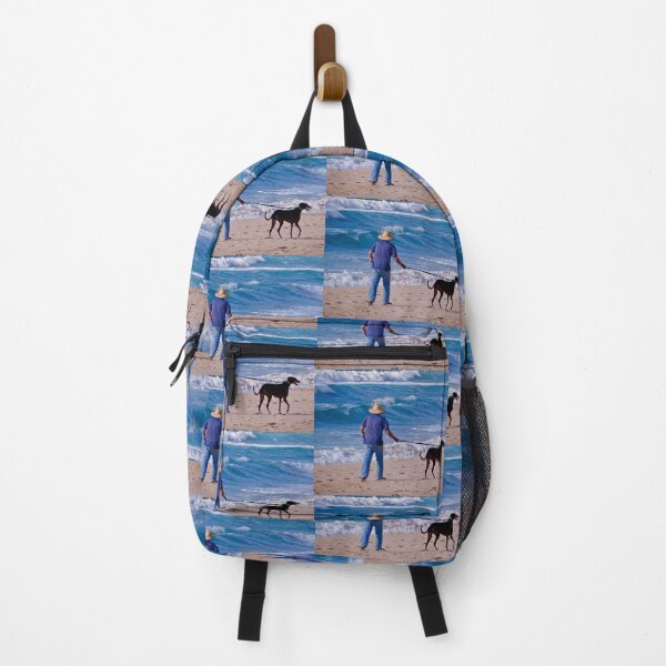 Item preview, Man with straw hat walking his dog (男人走跟狗) on a beach with blue water waves in the background designed and sold by Chinaspaces.