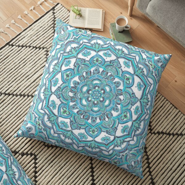 Summer Bloom - floral doodle pattern in turquoise & white Floor Pillow