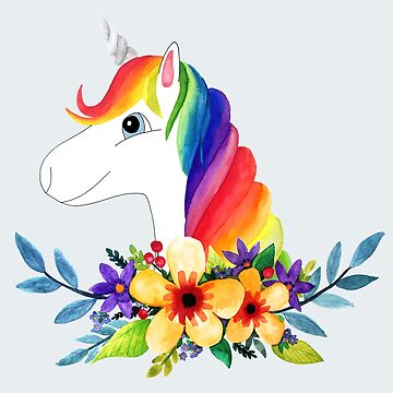 Artwork thumbnail, Modern Magical Rainbow Unicorn Cartoon with Watercolor Flowers by Aimee Gray
