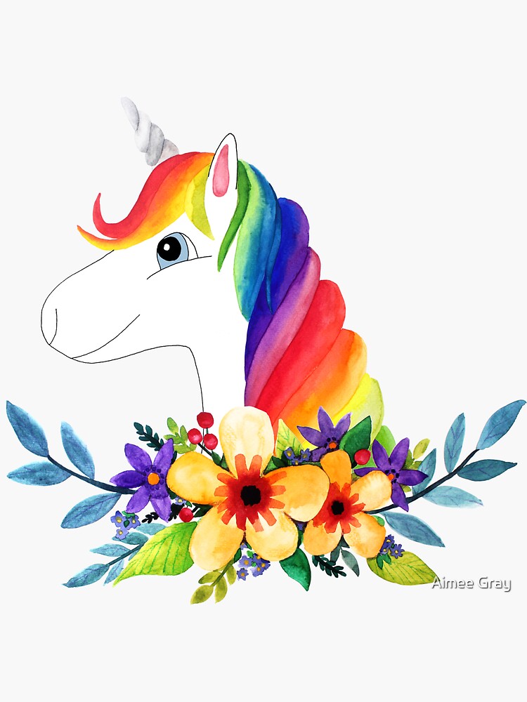 Thumbnail 3 of 3, Sticker, Modern Magical Rainbow Unicorn Cartoon with Watercolor Flowers designed and sold by aimeegray.