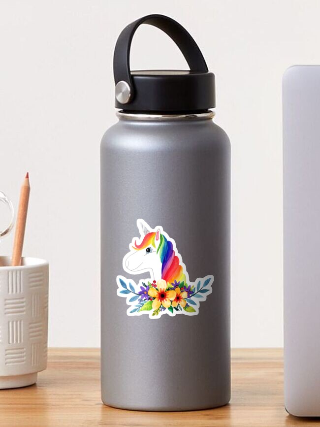 Thumbnail 1 of 3, Sticker, Modern Magical Rainbow Unicorn Cartoon with Watercolor Flowers designed and sold by aimeegray.