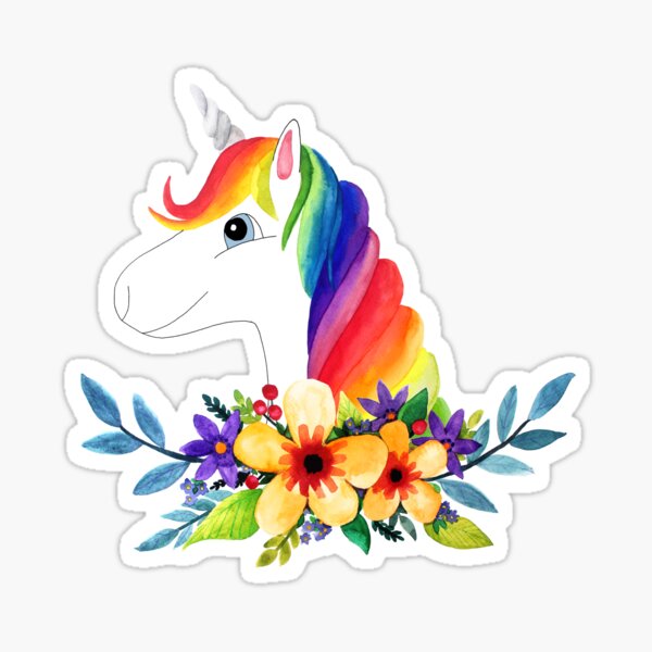 Modern Magical Rainbow Unicorn Cartoon with Watercolor Flowers Sticker