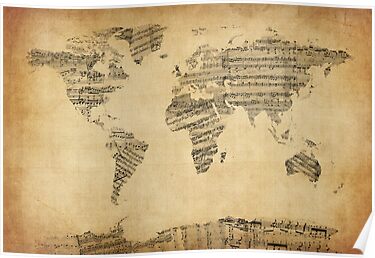 "Map Of The World Map From Old Sheet Music" Posters By