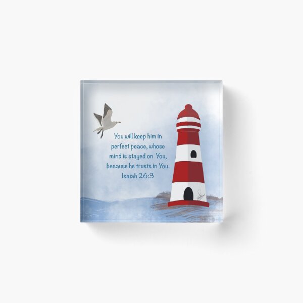 Red and white lighthouse with Bible verse art Acrylic Block