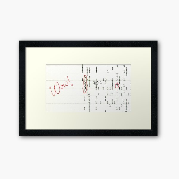 WOW! signal. Search for extraterrestrial intelligent life. 6EQUJ5. The printout with Ehman's handwritten exclamation. Framed Art Print