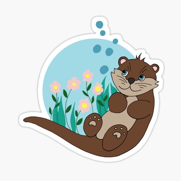 Cute Baby Otter Underwater Doodle Cartoon with Flowers Sticker