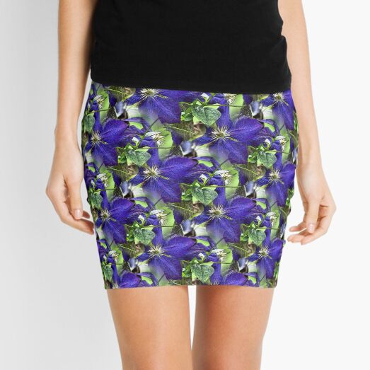 Blue Clematis Flower Art Mini Skirt