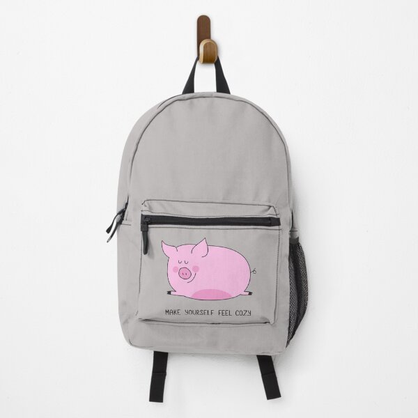 Cute pink pig with satisfaction on the face . The phrase "make yourself feel cozy". Backpack