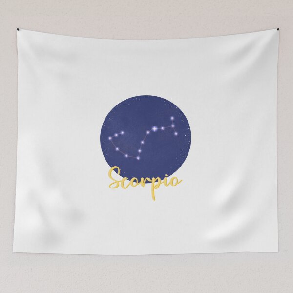 Item preview, scorpio star sign constellation design with scorpio in yellow calligraphy underneath designed and sold by Jenny Romeril.