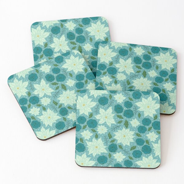 Item preview, Cool Blue Retro Winter Holiday Poinsettia and Ranunculus Floral Pattern designed and sold by carabara.