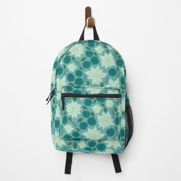 Item preview, Cool Blue Retro Winter Holiday Poinsettia and Ranunculus Floral Pattern designed and sold by carabara.