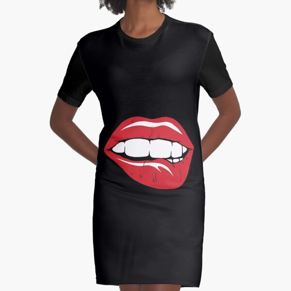 Red Lips Bite - Black Graphic T-Shirt Dress