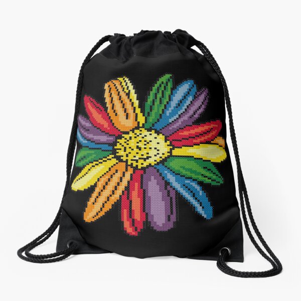 Rainbow Pride Daisy Cross Stitch Pixel Art Drawstring Bag