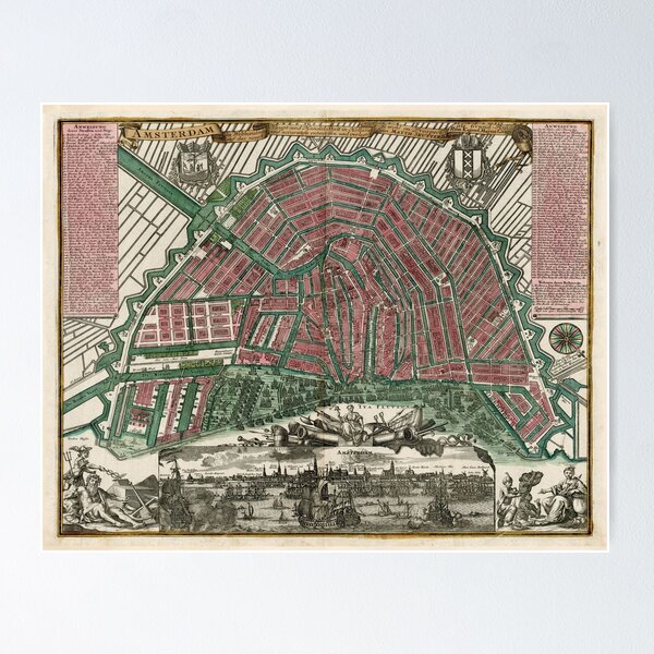 Aperçu de l'œuvre Carte vintage d'Amsterdam (1730) créée et vendue par BravuraMedia.