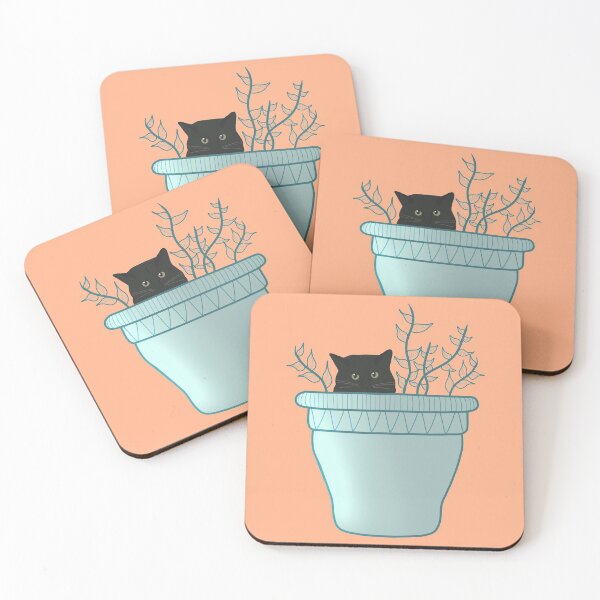 cat hiding in plant pot Coasters (Set of 4)