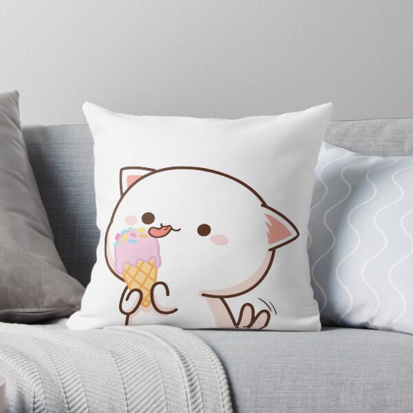 Peach and Goma Mochi Cat Ice Cream Throw Pillow