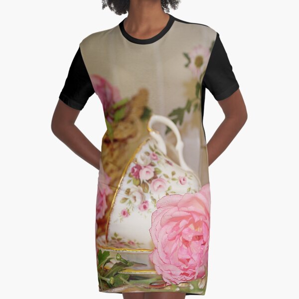 Teacup and Rose Still Life 1 Graphic T-Shirt Dress
