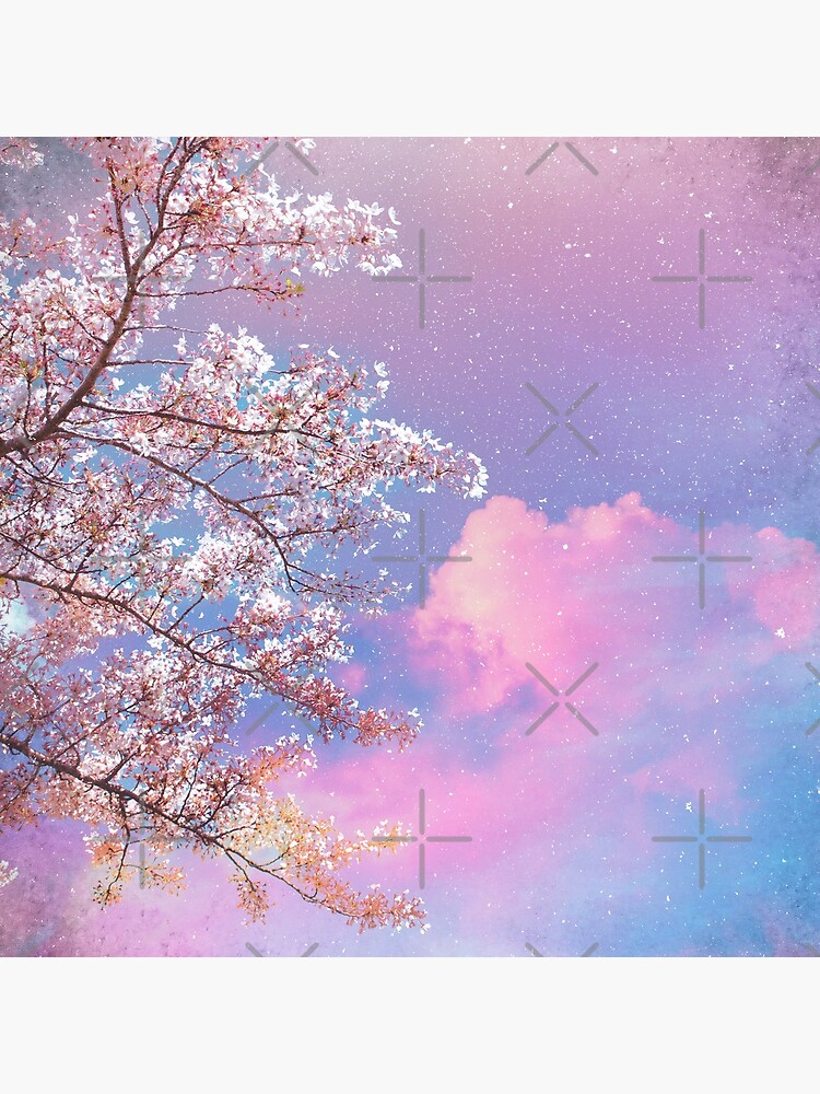 Art Poster Aesthetic Cherry Pink Flowers and Blue Sky