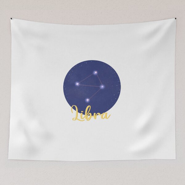 Item preview, Libra star sign constellation design with Libra in yellow calligraphy underneath designed and sold by Jenny Romeril.