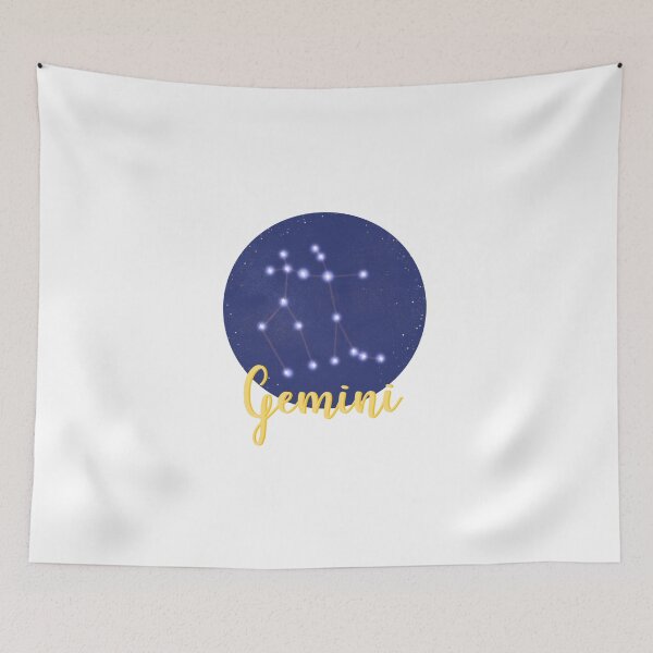 Item preview, Gemini star sign constellation design with Gemini in yellow calligraphy underneath designed and sold by Jenny Romeril.