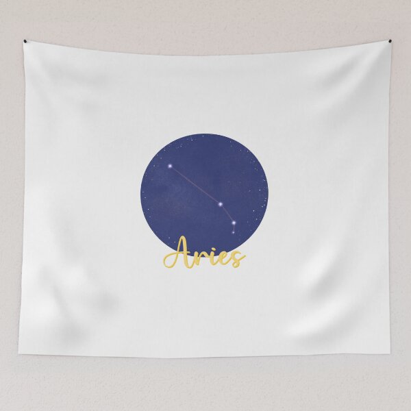 Item preview, Aries star sign constellation design with Aries in yellow calligraphy underneath designed and sold by Jenny Romeril.