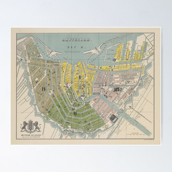 Aperçu de l'œuvre Carte vintage d'Amsterdam (1869) créée et vendue par BravuraMedia.