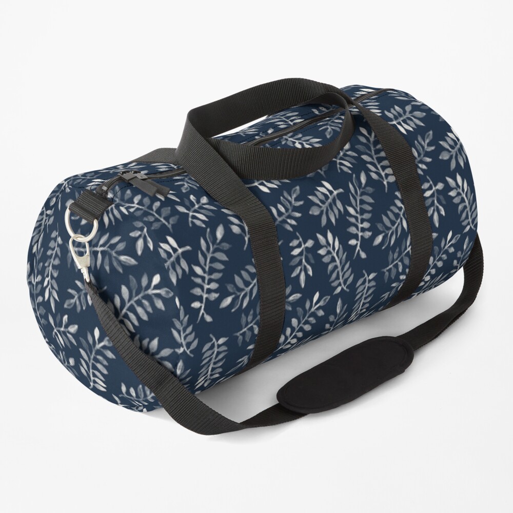 White Leaves on Navy - a hand painted pattern Duffle Bag