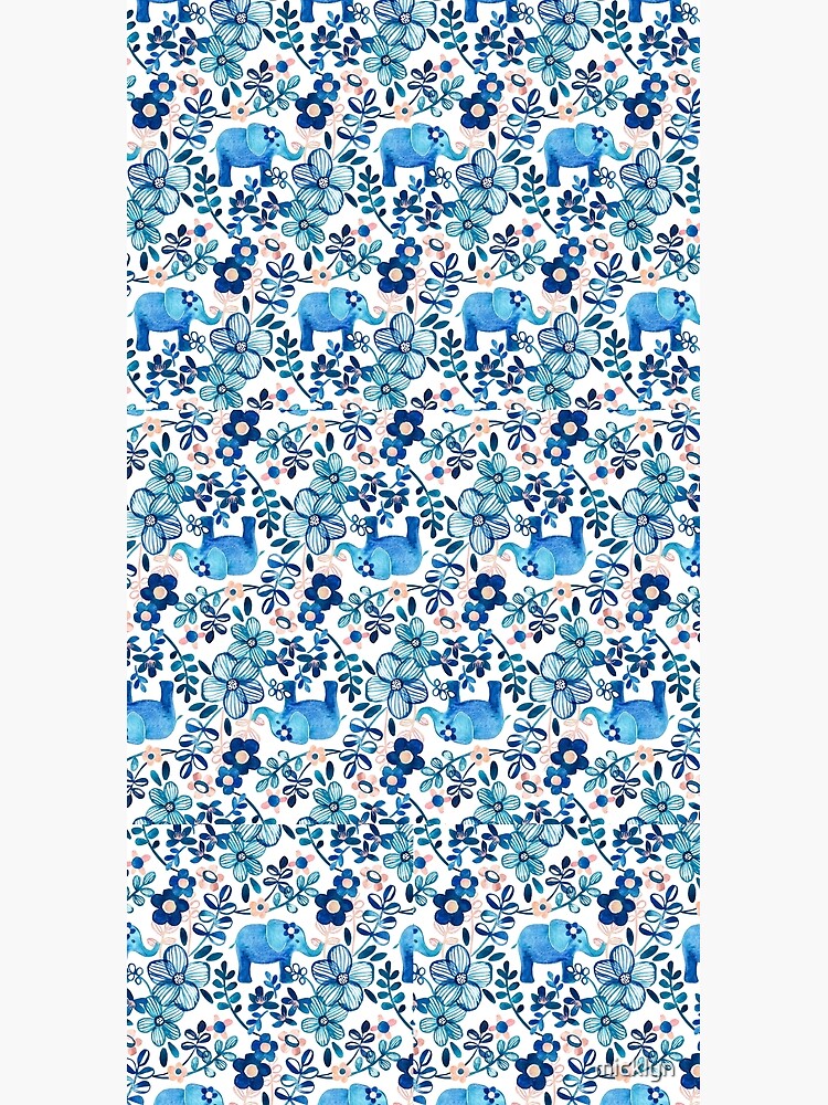Blush Pink, White and Blue Elephant and Floral Watercolor Pattern by micklyn