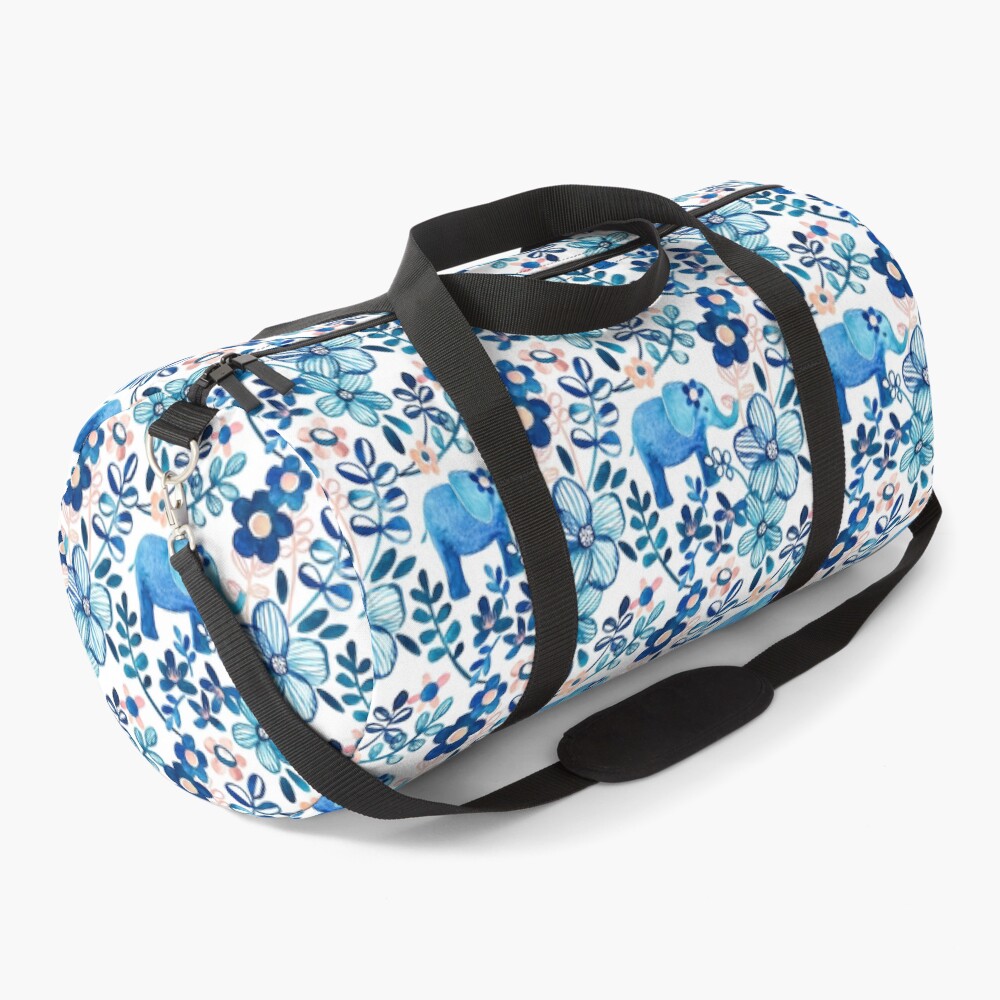 Blush Pink, White and Blue Elephant and Floral Watercolor Pattern Duffle Bag