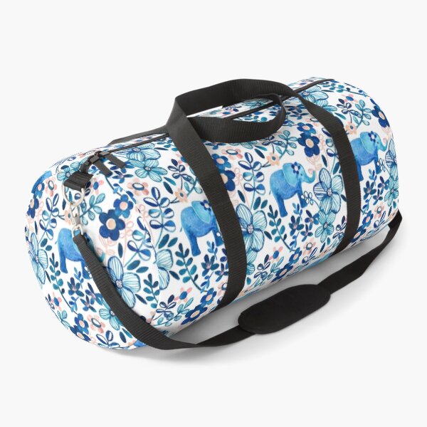 Blush Pink, White and Blue Elephant and Floral Watercolor Pattern Duffle Bag