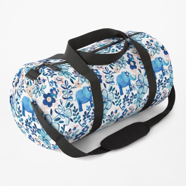 Blush Pink, White and Blue Elephant and Floral Watercolor Pattern Duffle Bag