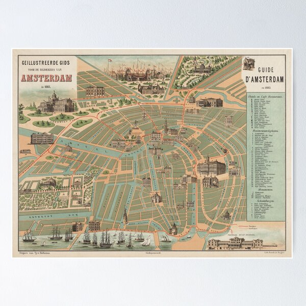 Aperçu de l'œuvre Carte vintage d'Amsterdam (1883) créée et vendue par BravuraMedia.
