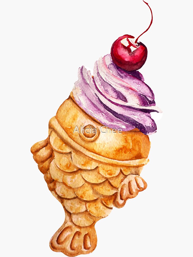 "Japanese Taiyaki FishShaped Wafer Ice Cream with Cherry" Sticker by
